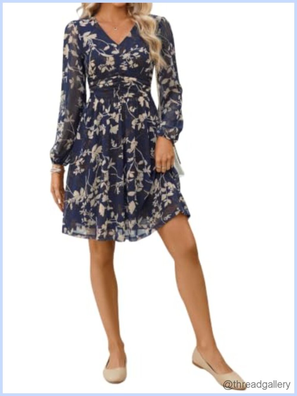 Women Floral Mini Dress V-Neck Long Sleeve Stretchy Mesh A-Line Wedding Guest